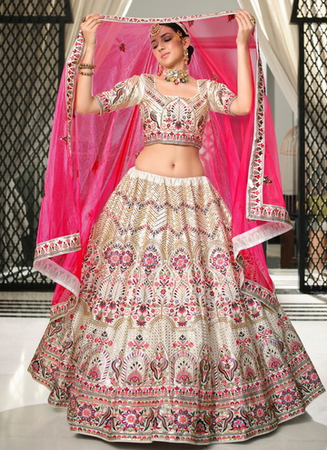 Multi Thread Sequence Work Silk White Lehenga Choli Set